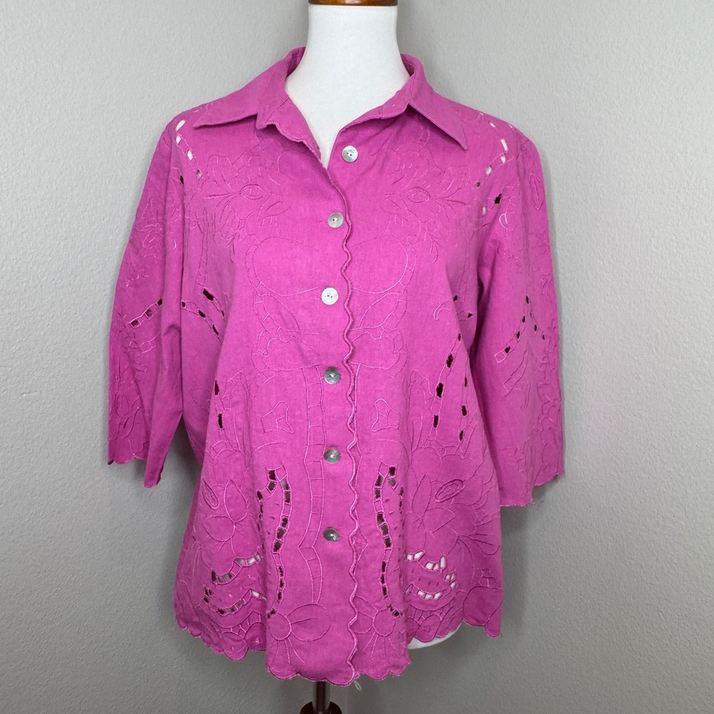 SUSAN GRAVER Cutout Embroidered Top & Matching Tank Set MED‎ Pink Linen Blend
